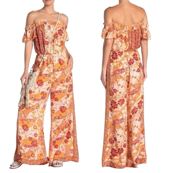 Free People Carmen Printed Off The Shoulder Wide Leg Jumpsuit Women’s Small - Picture 1 of 15